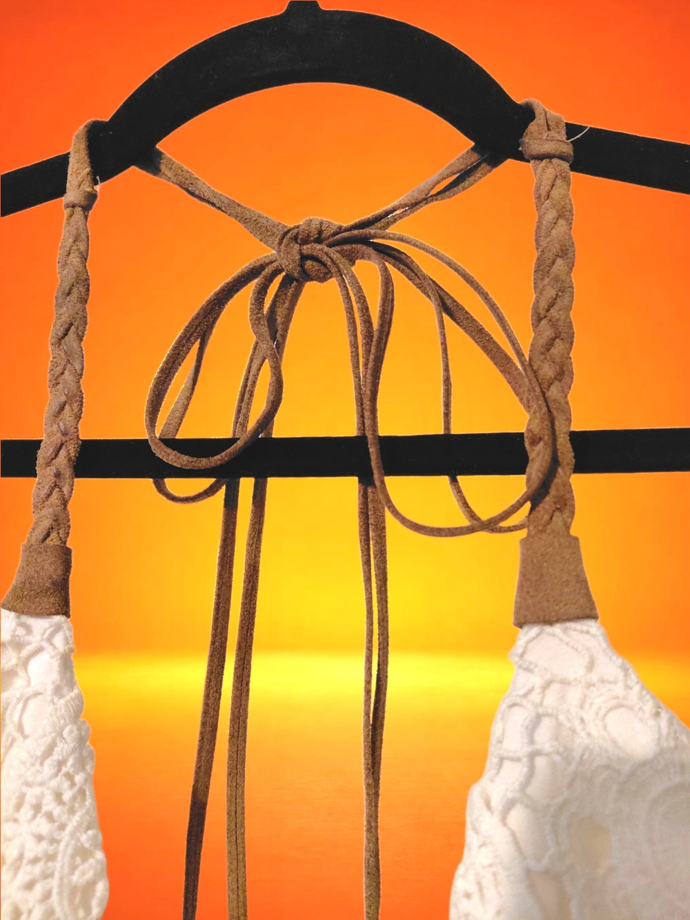 Sky Ivory Crochet Lace Halter Top Lined Large Suede Like Contrasting Woven Ties - Picture 2 of 12